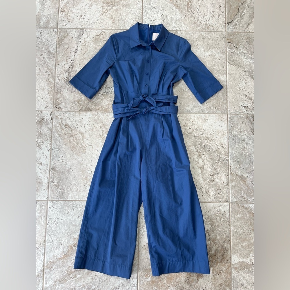 Gal Meets Glam Sawyer Dual-Tie Wide-Leg Cropped 3/4 Sleeve Blue Jumpsuit, 4